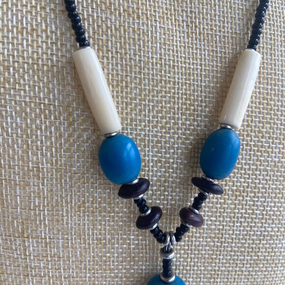 Long Dangle Necklace Black, White & Blue Beads - Picture 7 of 10